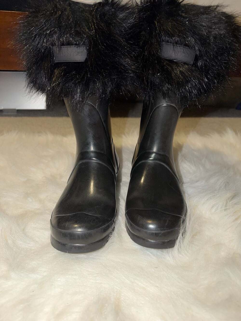 Hunter Boots Faux Fur Cuff Short Rain Boots Black Size US 8